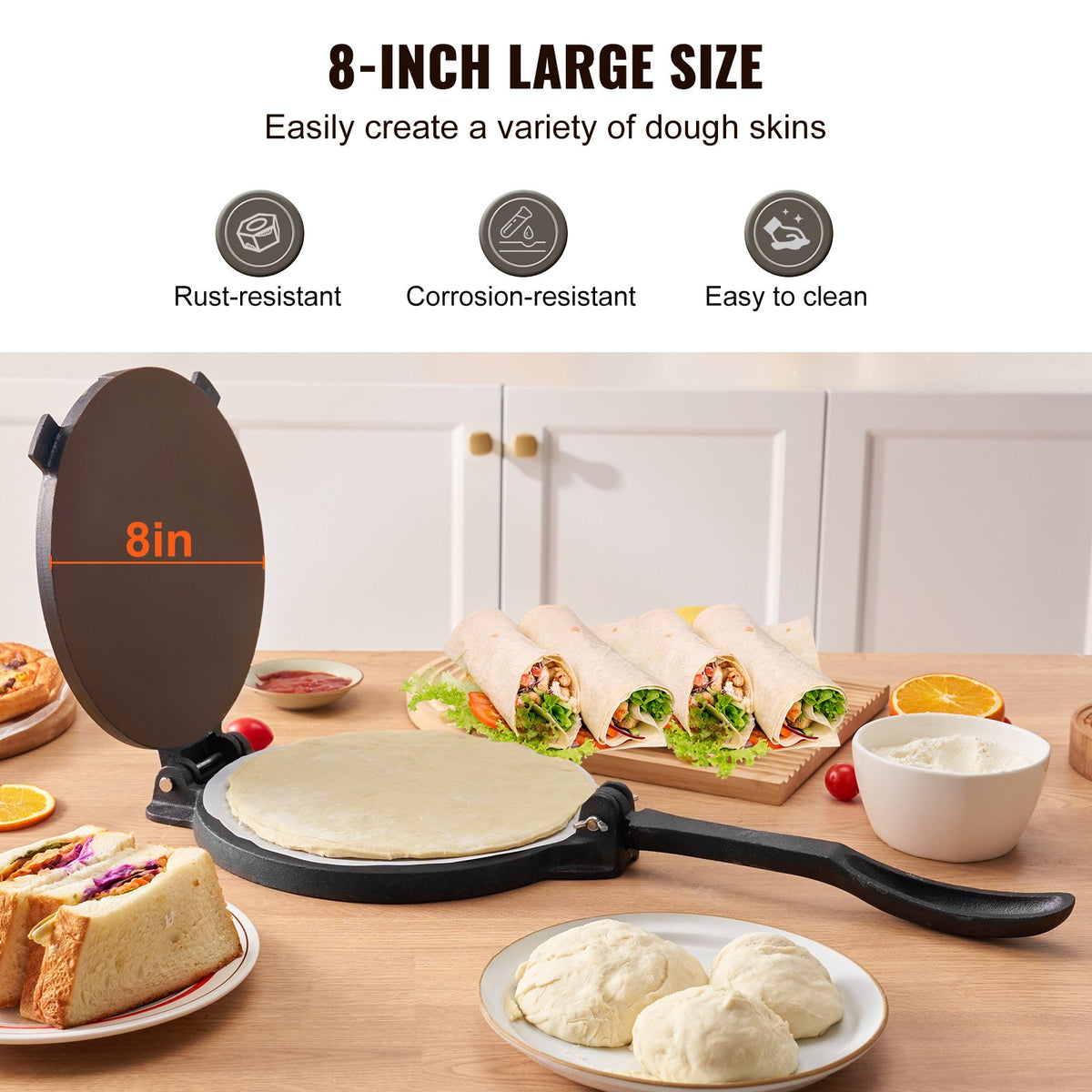 Tortilla Press, 8 Inch Tortilla and Roti Maker, Cast Iron Heavy Duty Tortilladora Press, Pre-Seasoned Pataconera Maker with 100 Pcs Parchment Paper, Dough Maker for Flour Tortilla, Tawa, Silver