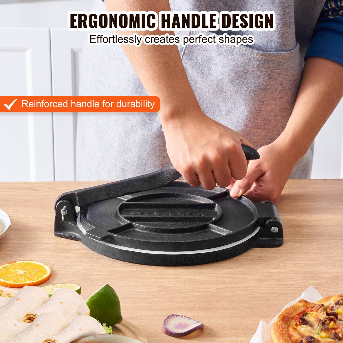 Tortilla Press, 8 Inch Tortilla and Roti Maker, Cast Iron Heavy Duty Tortilladora Press, Pre-Seasoned Pataconera Maker with 100 Pcs Parchment Paper, Dough Maker for Flour Tortilla, Tawa, Silver