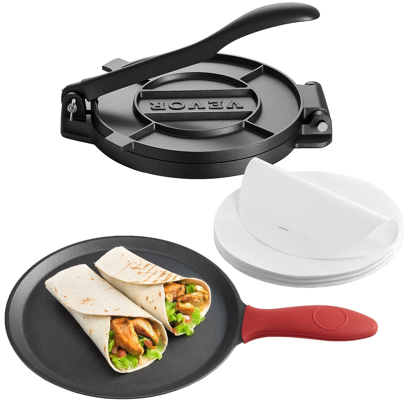 Tortilla Press, 250mm Cast Iron Tortilla and Roti Maker, Heavy Duty Tortilladora Press, Pataconera Makers with Handle and 100 Pcs Parchment Paper, Dough Taco Press for Flour Tortilla, Tawa