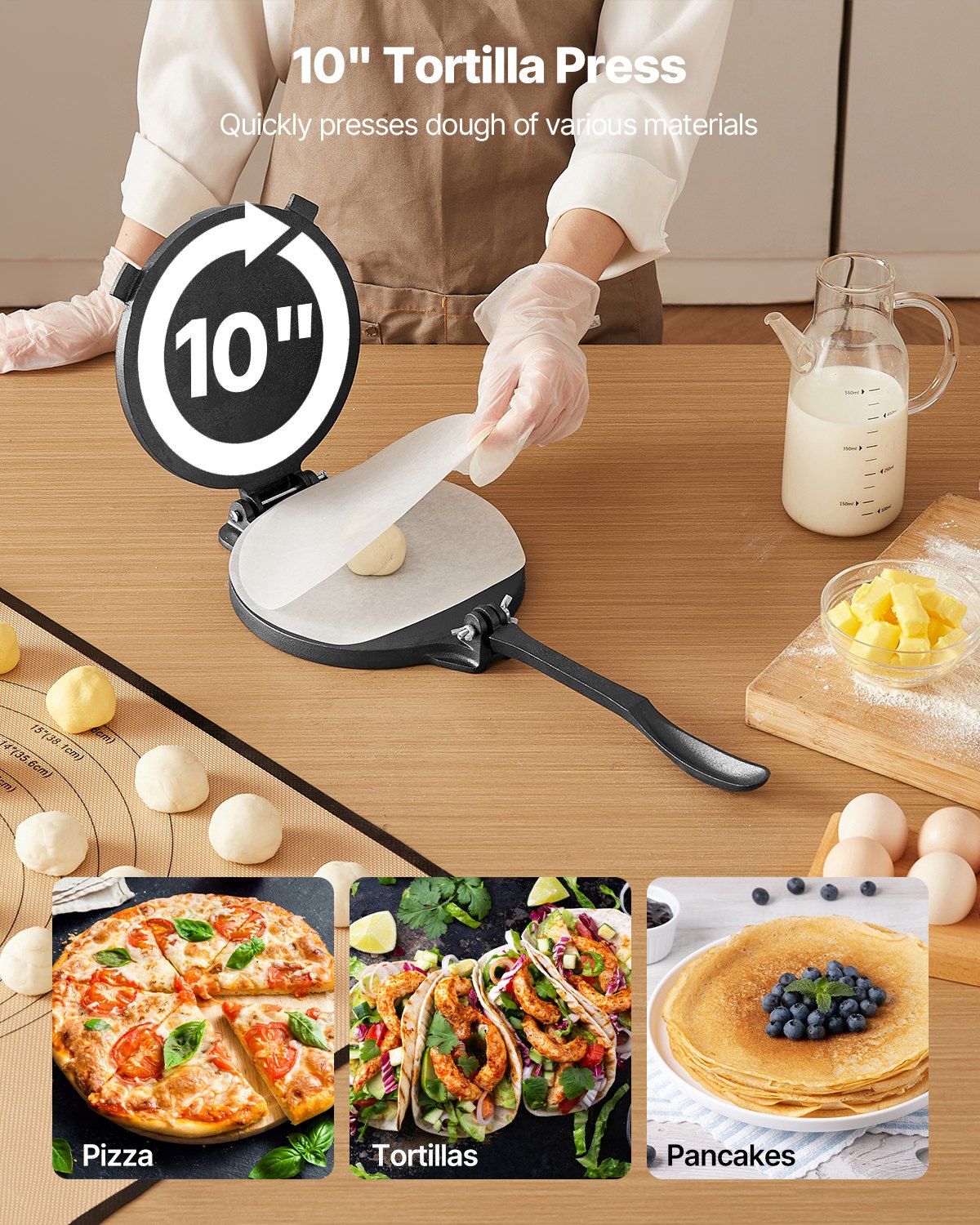 Tortilla Press, 250mm Cast Iron Tortilla and Roti Maker, Heavy Duty Tortilladora Press, Pataconera Makers with Handle and 100 Pcs Parchment Paper, Dough Taco Press for Flour Tortilla, Tawa