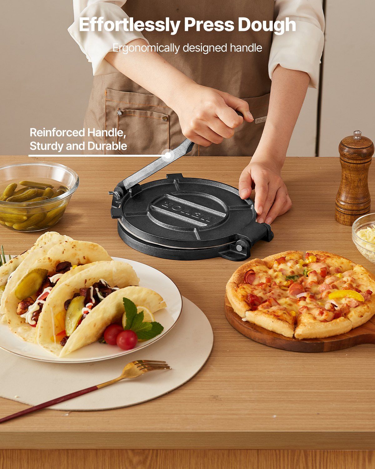 Tortilla Press, 250mm Cast Iron Tortilla and Roti Maker, Heavy Duty Tortilladora Press, Pataconera Makers with Handle and 100 Pcs Parchment Paper, Dough Taco Press for Flour Tortilla, Tawa