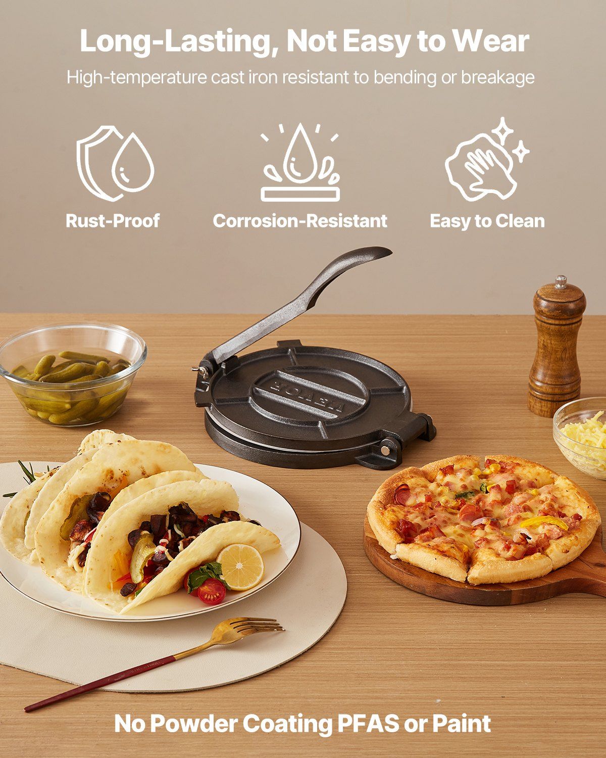 Tortilla Press, 250mm Cast Iron Tortilla and Roti Maker, Heavy Duty Tortilladora Press, Pataconera Makers with Handle and 100 Pcs Parchment Paper, Dough Taco Press for Flour Tortilla, Tawa