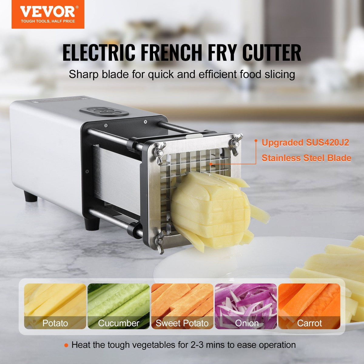 Electric French Fry Cutter, Potato Slicer with 1/2-Inch and 3/8-Inch Stainless Steel Blades, Potato Cutter Chopper w/ Anti-slip Feet, Great for Potato, French Fries, Cucumber, Vegetables, Carrot