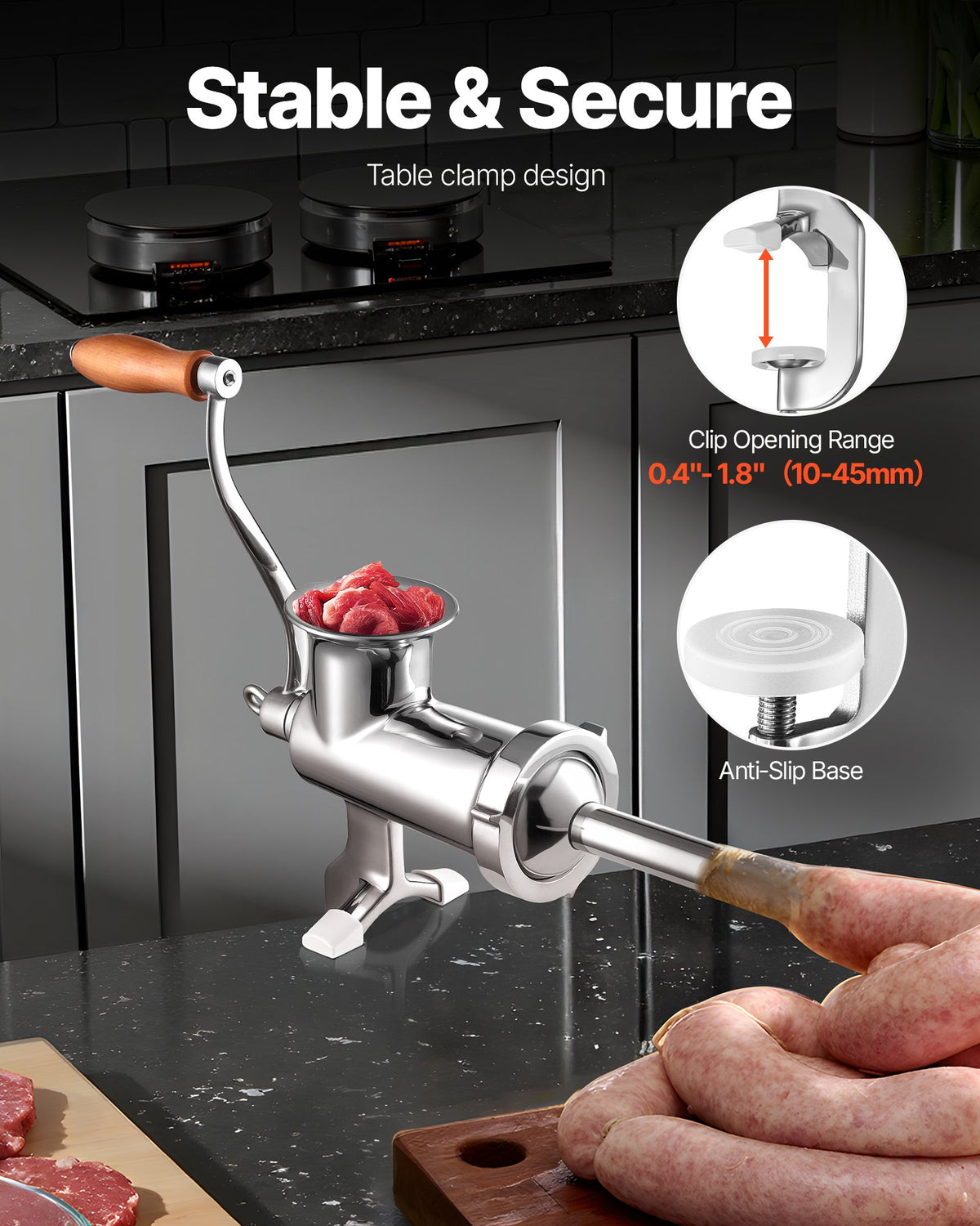 Heavy Duty Meat Grinder Manual Sausage Filler Stainless Steel with Clamp