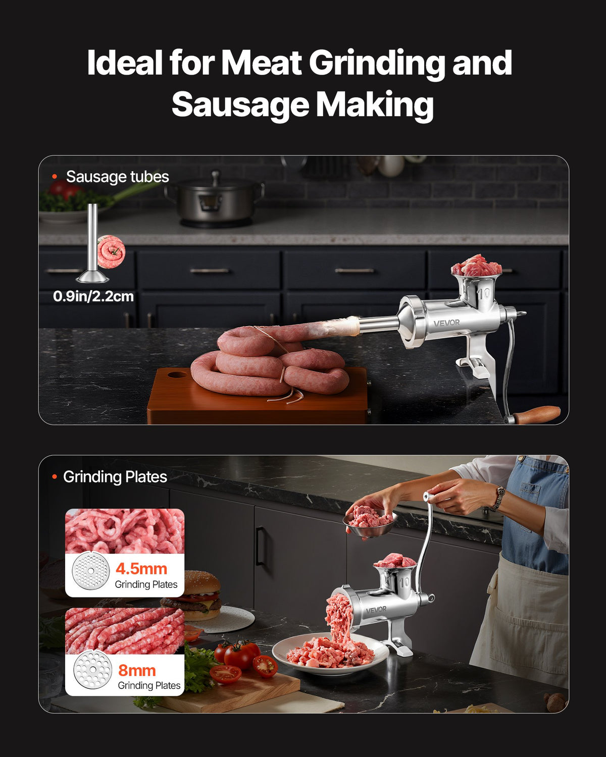 Heavy Duty Meat Grinder Manual Sausage Filler Stainless Steel with Clamp