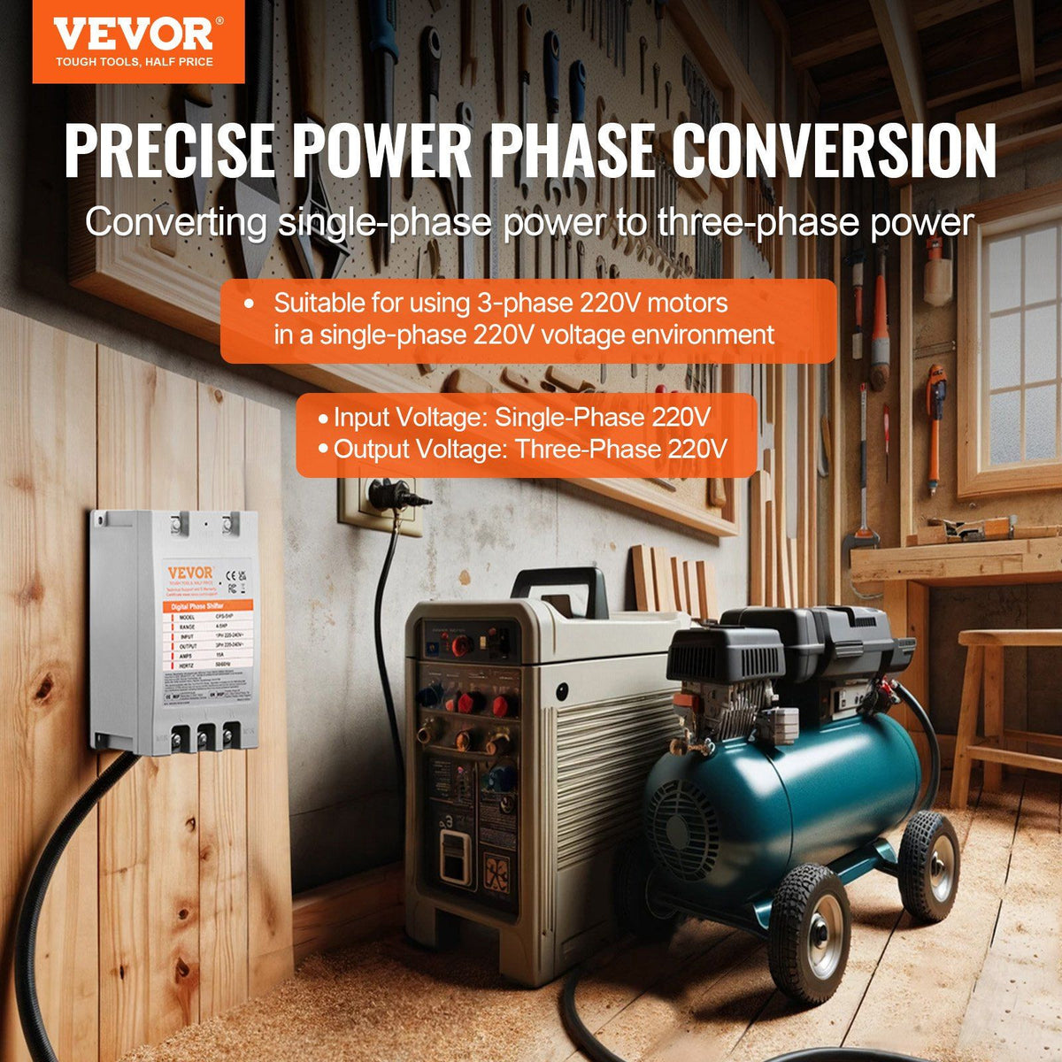 3 Phase Converter - 5HP 15A 220V Single Phase to 3 Phase Converter, Digital Phase Shifter for Residential and Light Commercial Use, 220V Input/Output (One Converter for One Motor Only)