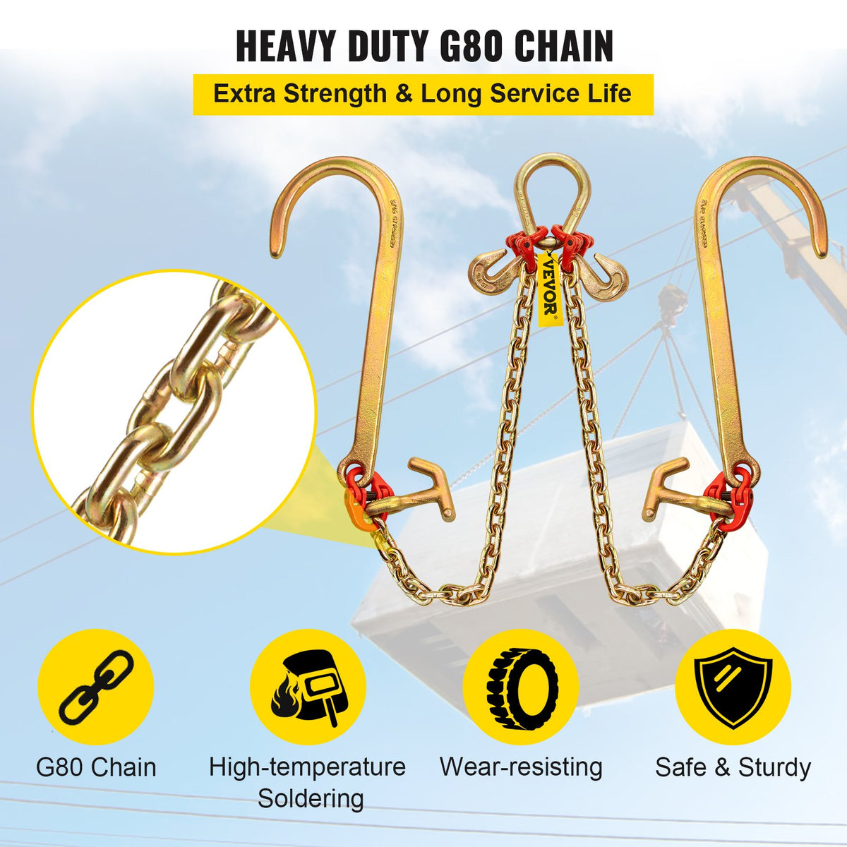 V Bridle Chain, 5/16 in x 2 ft Tow Chain Bridle, Grade 80 V-Bridle Transport Chain, 9260 Lbs Break Strength with TJ Hooks & Grab Hooks, Heavy Duty Pear Link Connector and Chain Shorteners