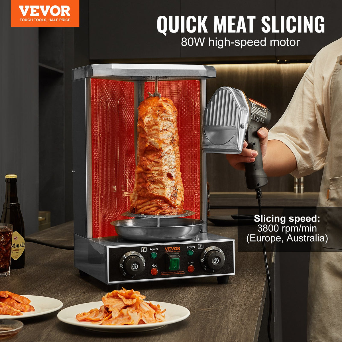 Electric Shawarma Knife, 80W Professional Turkish Kebab Knife, Commercial Stainless Steel Gyro Cutter, Doner Kebab Meat Slicer with 2 Blades, Φ4"/100mm Blade Diameter, 0-8mm Adjustable Thickness