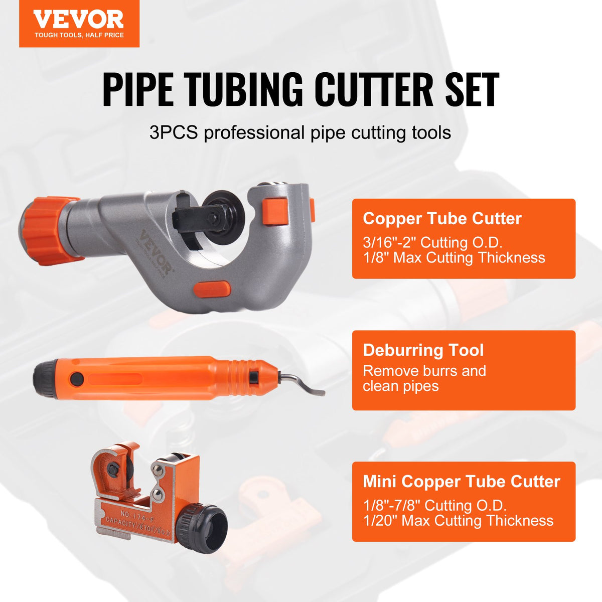 3PCS Tubing Cutter Set, 3/16"-2" O.D. Copper Pipe Cutter, 1/8"-7/8" O.D. Mini Tube Cutter and Deburring Tool, Heavy Duty Pipe Cutter Set for Copper, Aluminum, Stainless Steel, Plastic Pipes
