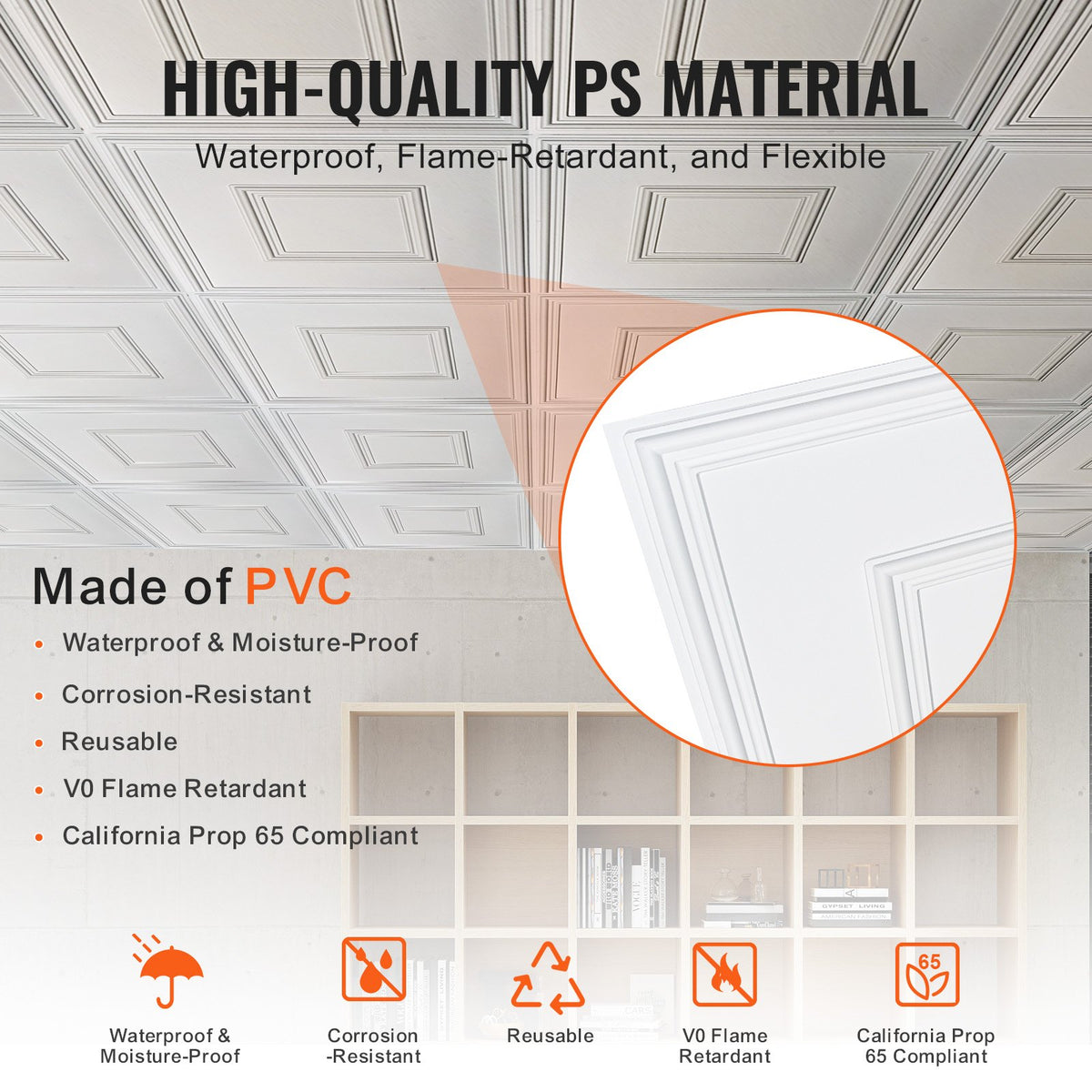 Ceiling Tiles 12-Pack 24 x 24 in PVC Easy Installation White Geometric