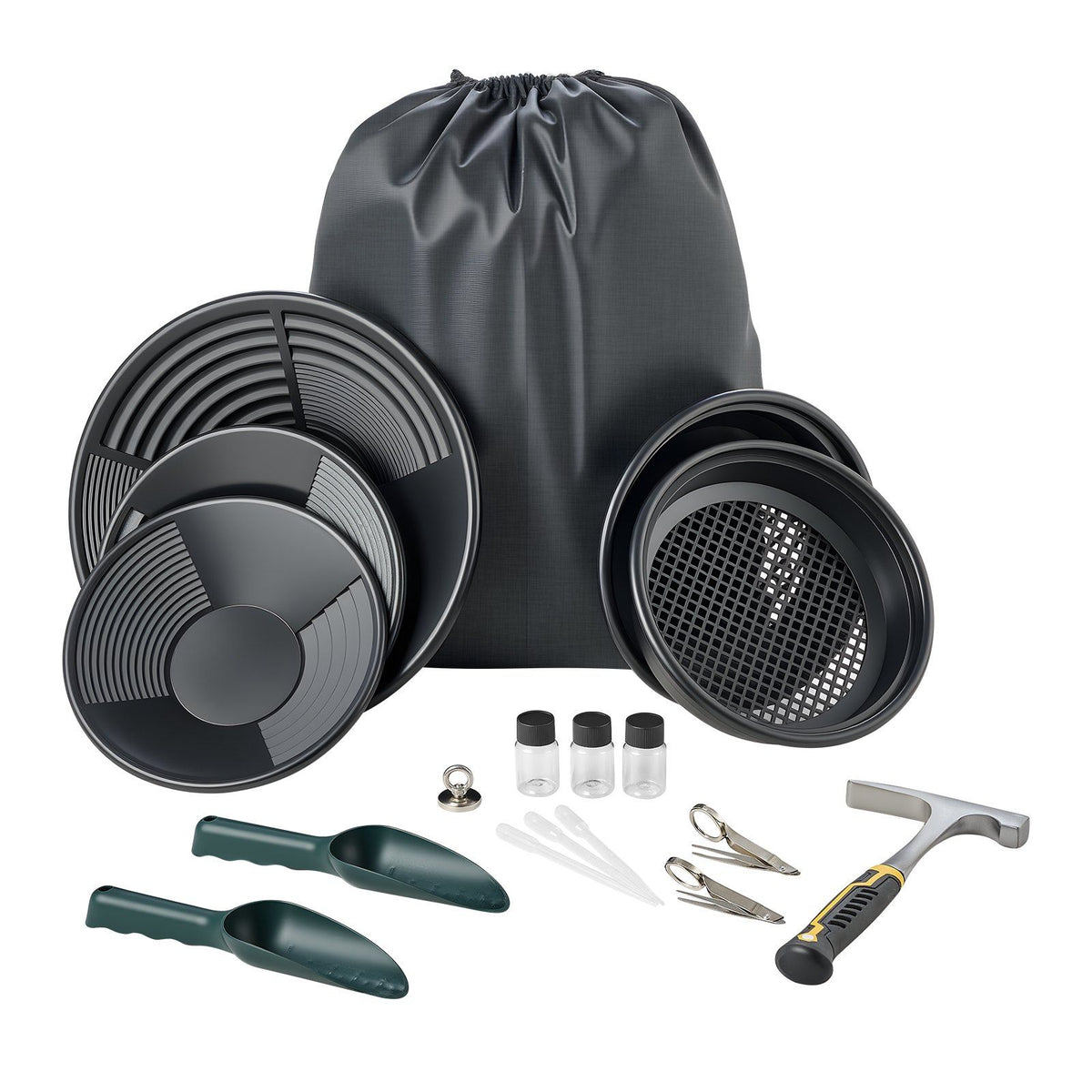 Gold Panning Kit, 254 mm and 355 mm Pans, 19 PCS Portable Prospecting Equipment Kit with Classifier Sieves, Sand Magnet, Rock Pick, Scoops, Backpack, and Accessories, for Outdoor Gold Recovery