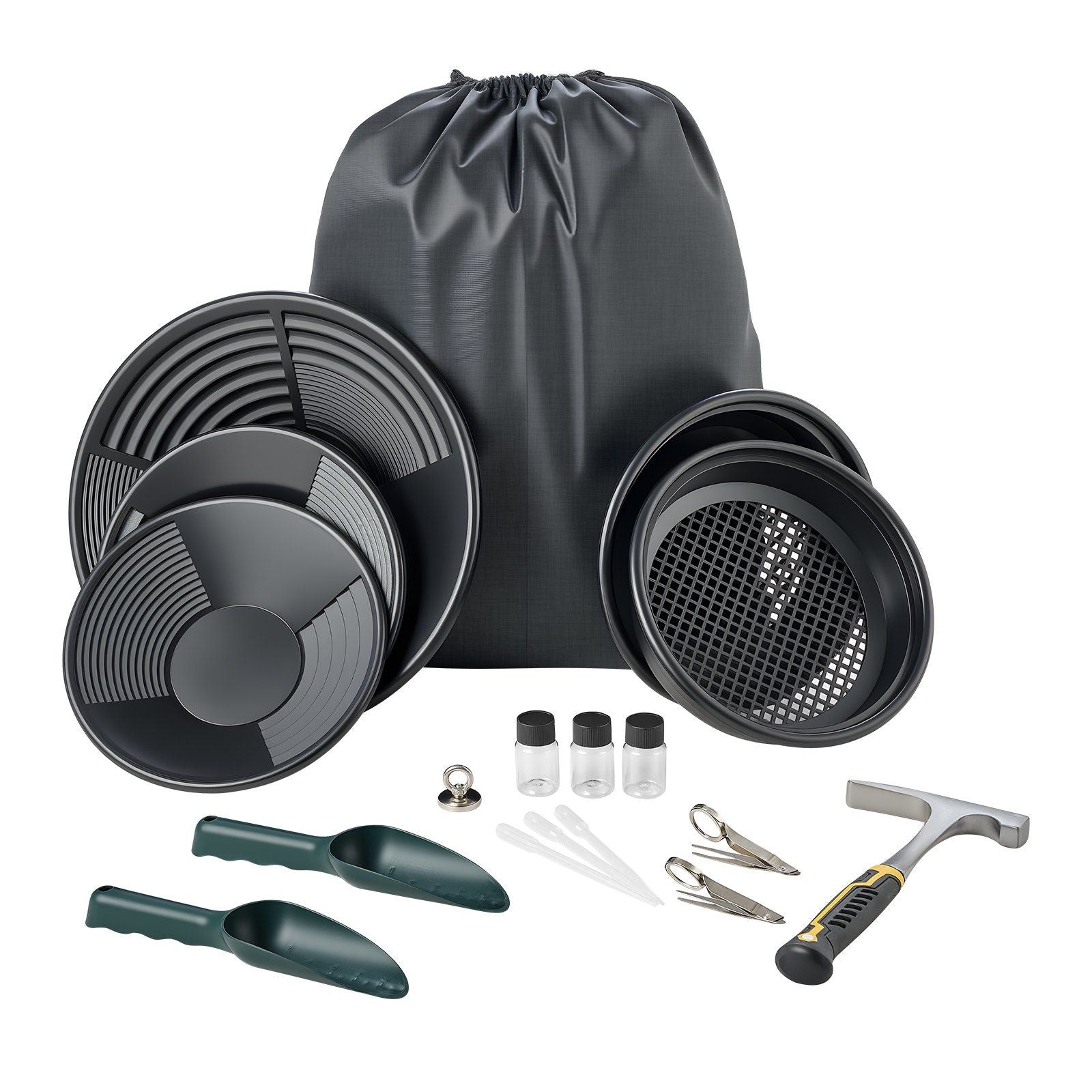 Gold Panning Kit, 254 mm and 355 mm Pans, 19 PCS Portable Prospecting Equipment Kit with Classifier Sieves, Sand Magnet, Rock Pick, Scoops, Backpack, and Accessories, for Outdoor Gold Recovery