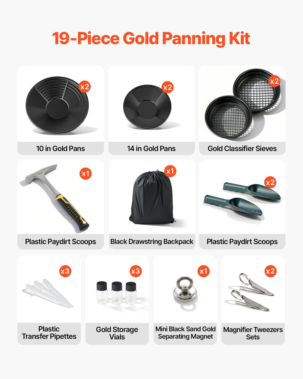 Gold Panning Kit, 254 mm and 355 mm Pans, 19 PCS Portable Prospecting Equipment Kit with Classifier Sieves, Sand Magnet, Rock Pick, Scoops, Backpack, and Accessories, for Outdoor Gold Recovery