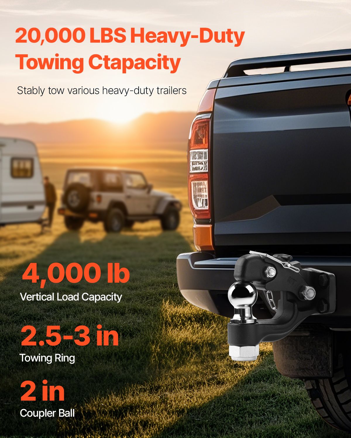Pintle Hook, 9070 kg Towing Capacity, Trailer Hitches Receiver Hook Combination 50.4 mm Hitch Ball, Fits for 63.5 to 76.2 mm Lunette Ring with Mounting Kit, Wear-resistant, Black Powder Coat