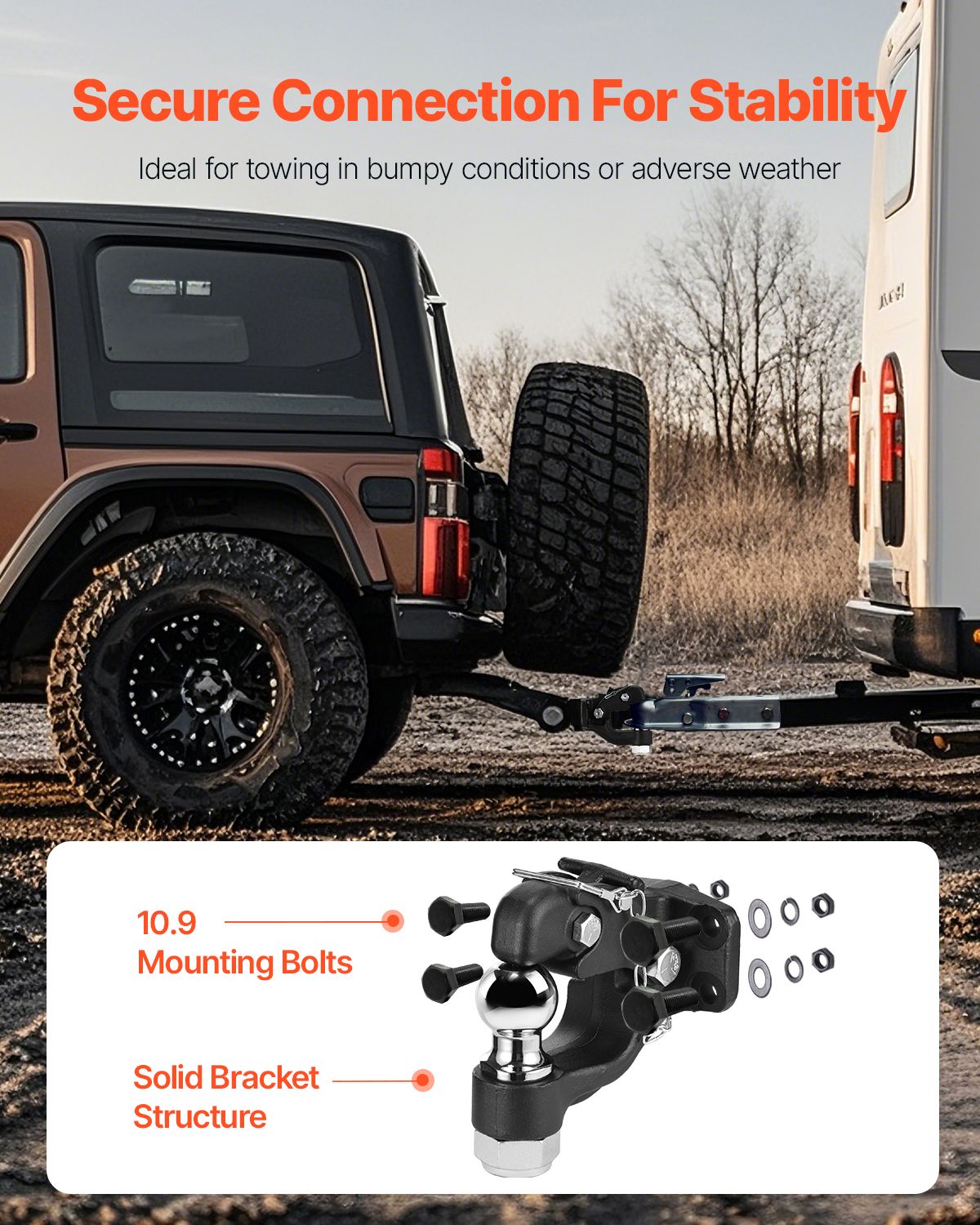 Pintle Hook, 9070 kg Towing Capacity, Trailer Hitches Receiver Hook Combination 50.4 mm Hitch Ball, Fits for 63.5 to 76.2 mm Lunette Ring with Mounting Kit, Wear-resistant, Black Powder Coat