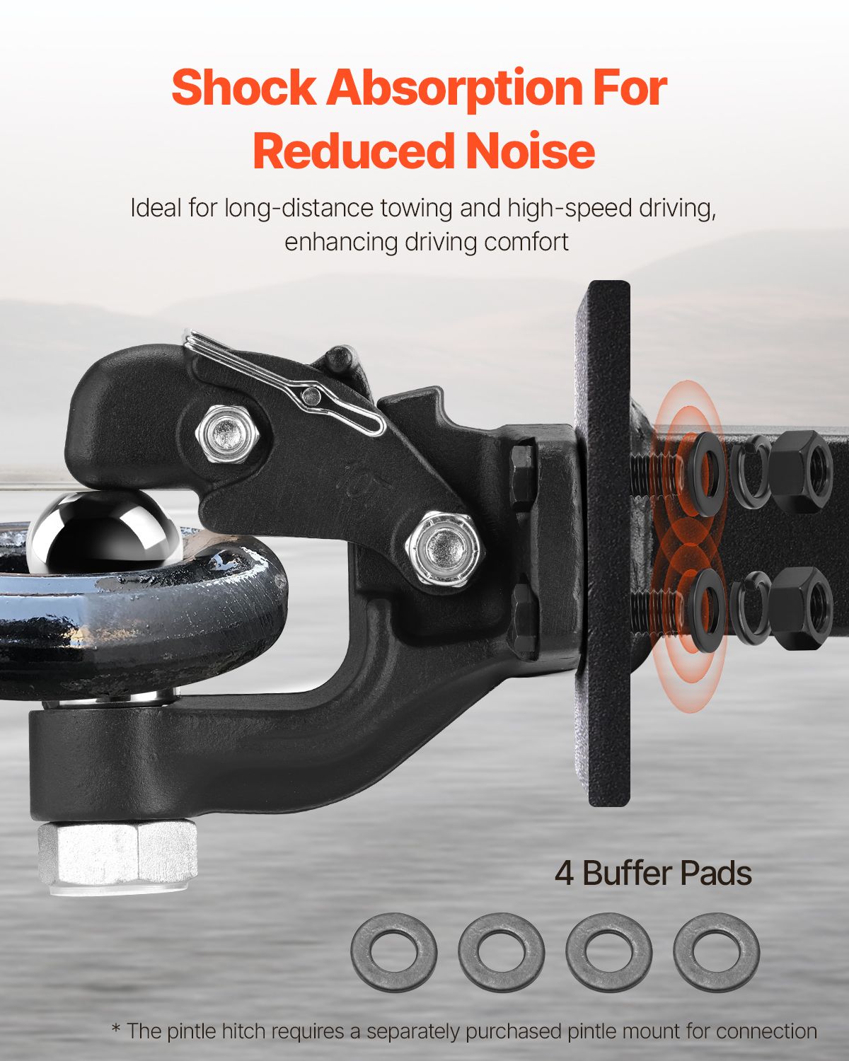 Pintle Hook, 9070 kg Towing Capacity, Trailer Hitches Receiver Hook Combination 50.4 mm Hitch Ball, Fits for 63.5 to 76.2 mm Lunette Ring with Mounting Kit, Wear-resistant, Black Powder Coat