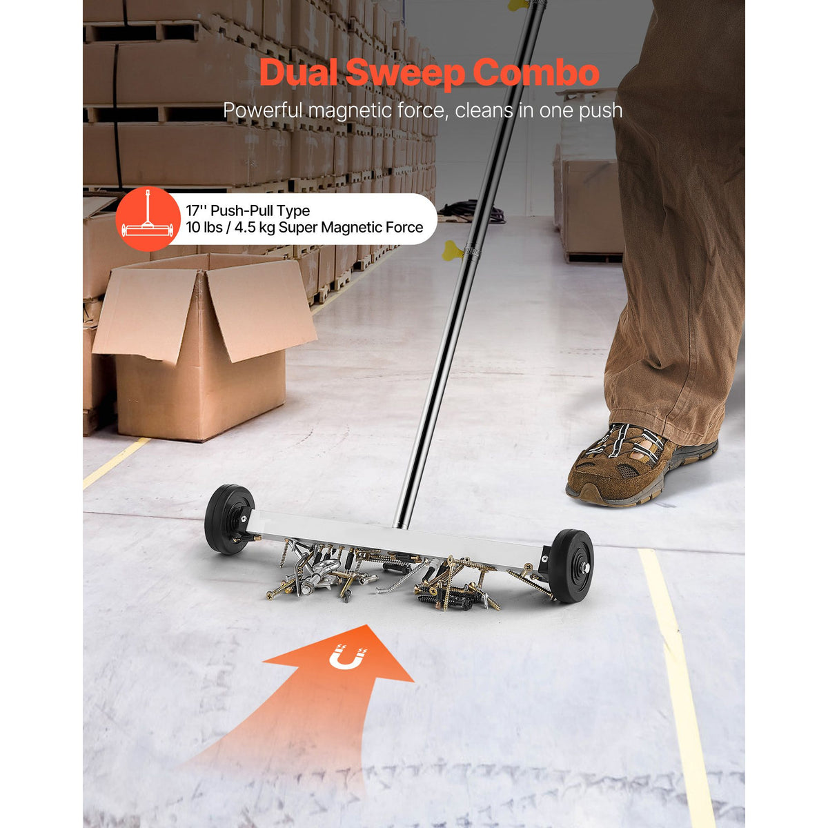 Magnetic Sweeper with Wheels, 43 cm, 4.5 kg Load Capacity, Lightweight Magnetic Pickup Sweeper with Adjustable Handle, Pick Up Nails and Screws, Easy Cleanup for Garages, Roofing Projects
