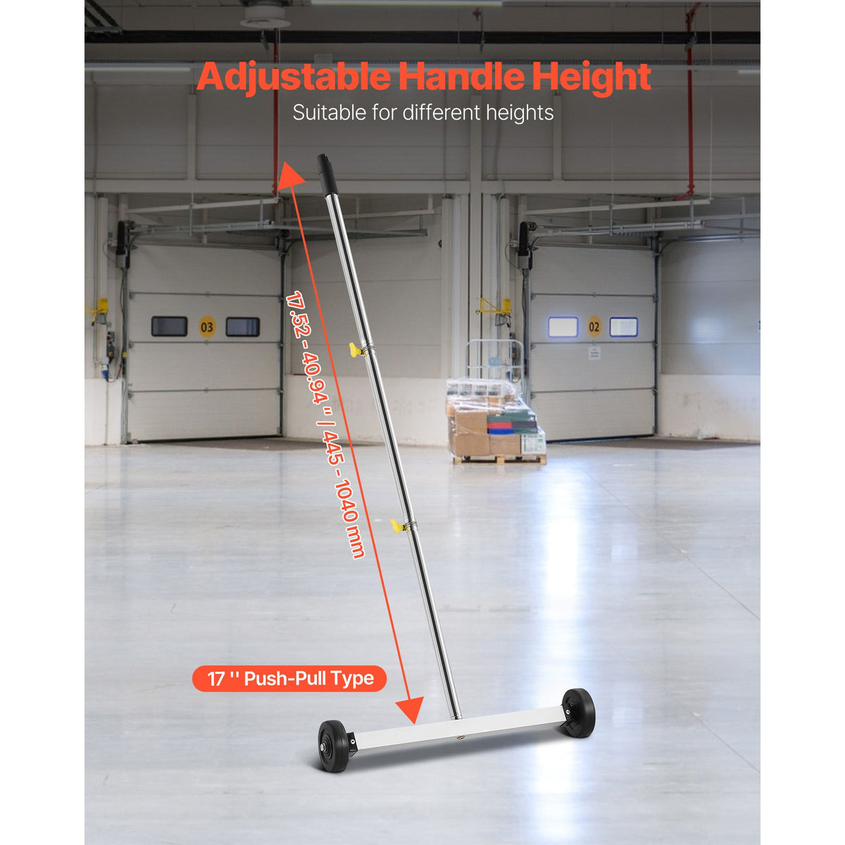 Magnetic Sweeper with Wheels, 43 cm, 4.5 kg Load Capacity, Lightweight Magnetic Pickup Sweeper with Adjustable Handle, Pick Up Nails and Screws, Easy Cleanup for Garages, Roofing Projects