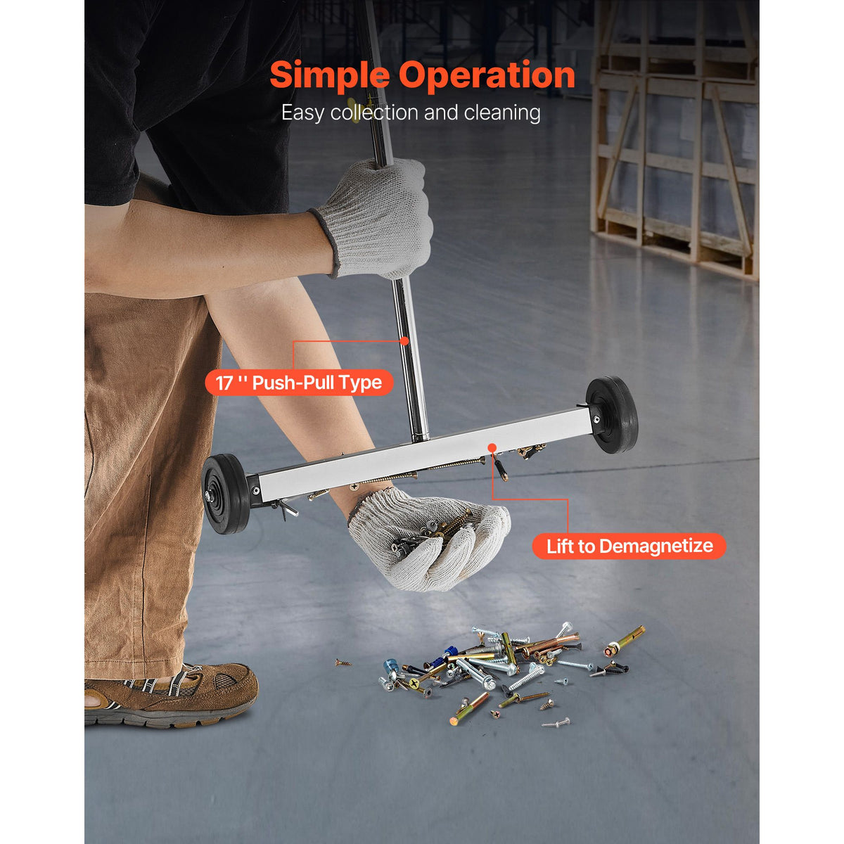 Magnetic Sweeper with Wheels, 43 cm, 4.5 kg Load Capacity, Lightweight Magnetic Pickup Sweeper with Adjustable Handle, Pick Up Nails and Screws, Easy Cleanup for Garages, Roofing Projects