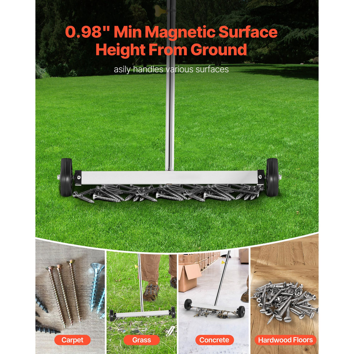 Magnetic Sweeper with Wheels, 43 cm, 4.5 kg Load Capacity, Lightweight Magnetic Pickup Sweeper with Adjustable Handle, Pick Up Nails and Screws, Easy Cleanup for Garages, Roofing Projects