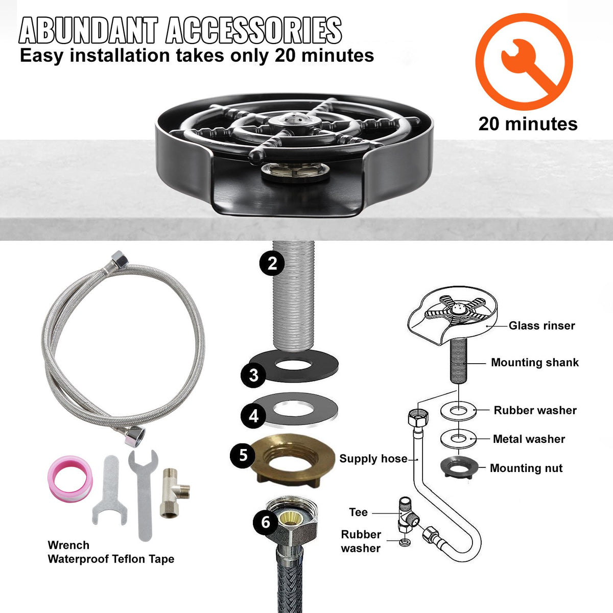 Glass Rinser 10-Hole 360 Rotating Stainless Steel Washer ABS Cup Holder