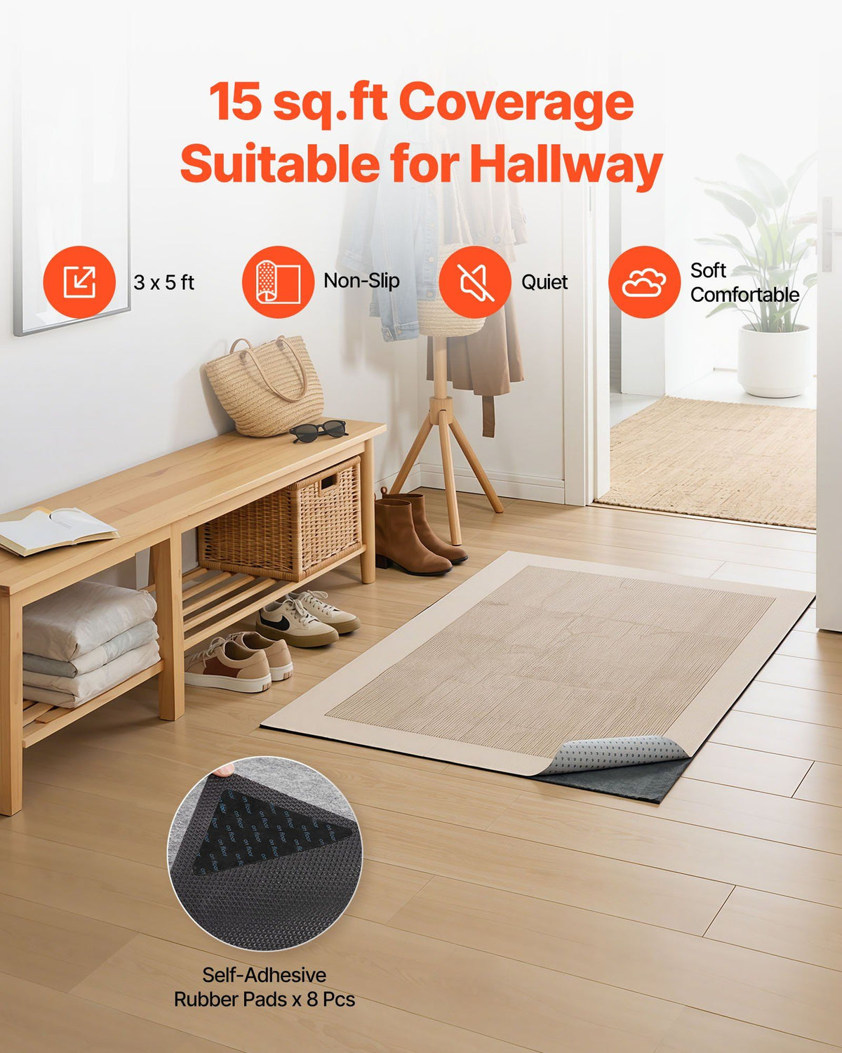 Rug Pad 0.91 x 1.52 m, Non-slip Carpet Area Pad, Rug Mat Padding with Dual Surface Felt Cushion & Rubber Gripper, Hardwood Floor Protection for All Floors, Finishes, Keeps Carpets in Place