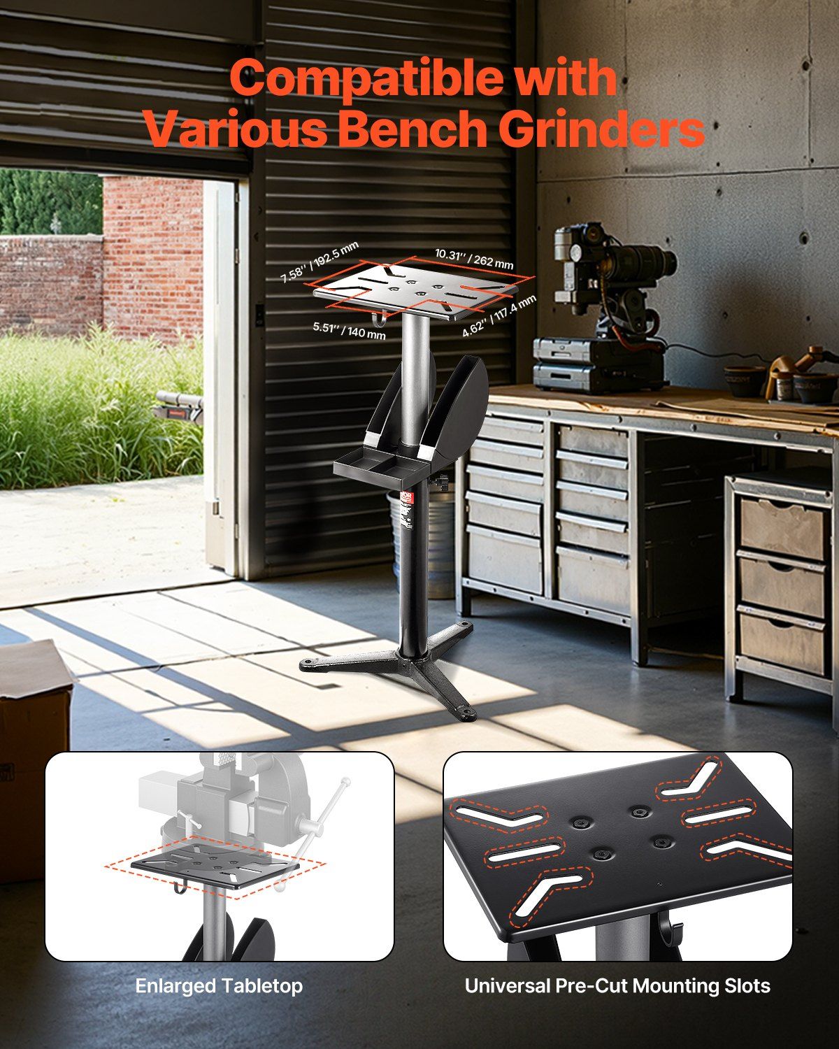 Bench Grinder Stand, Bench Grinder Vise Floor Pedestal with 31.5 x 25.4 cm Mounting Plate, Height-Adjustable Pedestal Stand with Grinding Wheel Storage Compartment & Heavy-Duty Cast Iron Base