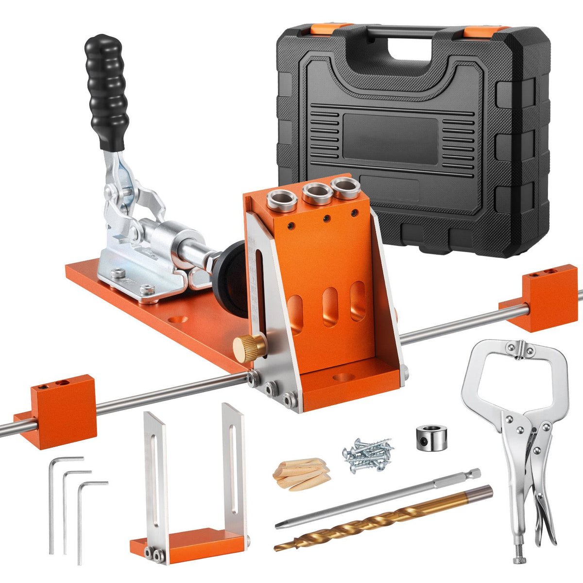 Pocket Hole Jig Kit, 12.7 to 38.1 mm Adjustable, Jig Pocket Hole System with Toolcase, C-Clamp, Step Drill, Hex Wrench, Drill Stop Ring, Square Drive Bit, Reinforced Metal Frame, for Woodworking