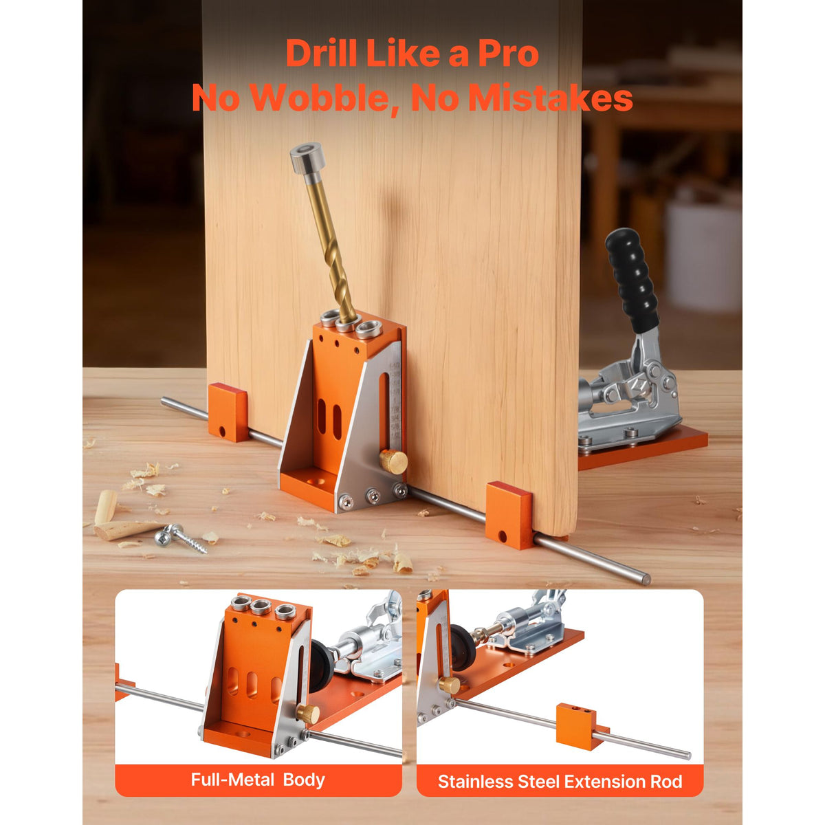 Pocket Hole Jig Kit, 12.7 to 38.1 mm Adjustable, Jig Pocket Hole System with Toolcase, C-Clamp, Step Drill, Hex Wrench, Drill Stop Ring, Square Drive Bit, Reinforced Metal Frame, for Woodworking