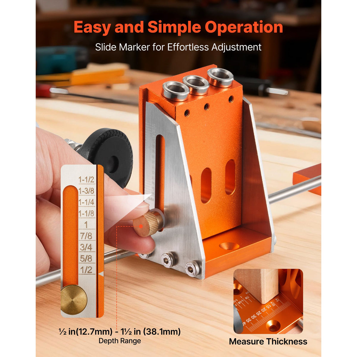 Pocket Hole Jig Kit, 12.7 to 38.1 mm Adjustable, Jig Pocket Hole System with Toolcase, C-Clamp, Step Drill, Hex Wrench, Drill Stop Ring, Square Drive Bit, Reinforced Metal Frame, for Woodworking