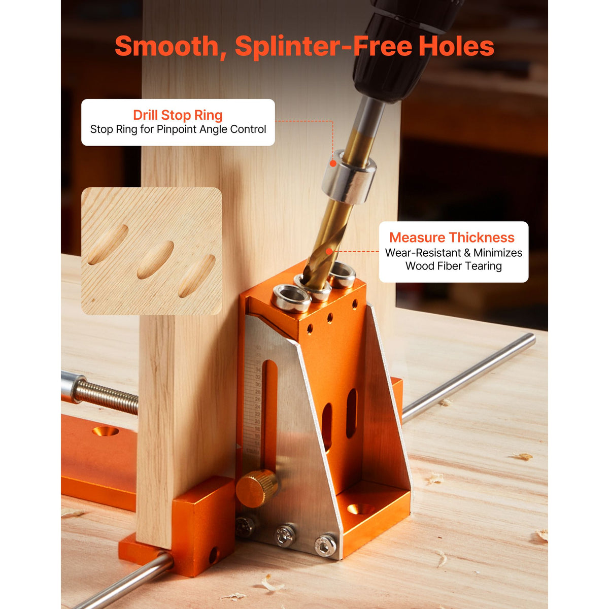 Pocket Hole Jig Kit, 12.7 to 38.1 mm Adjustable, Jig Pocket Hole System with Toolcase, C-Clamp, Step Drill, Hex Wrench, Drill Stop Ring, Square Drive Bit, Reinforced Metal Frame, for Woodworking