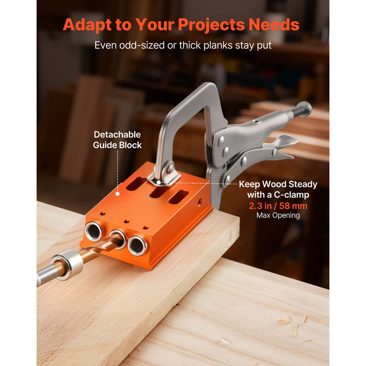 Pocket Hole Jig Kit, 12.7 to 38.1 mm Adjustable, Jig Pocket Hole System with Toolcase, C-Clamp, Step Drill, Hex Wrench, Drill Stop Ring, Square Drive Bit, Reinforced Metal Frame, for Woodworking