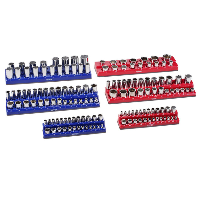 6pc Magnetic Socket Organizer Trays 1/4 3/8 1/2in Blue Red