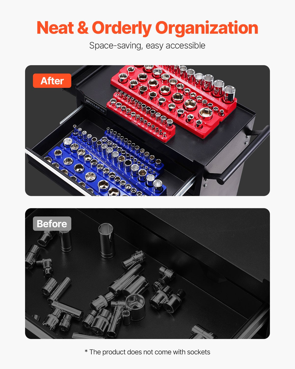Magnetic Socket Organizer Set, 6PCS Socket Holder, 1/4'', 3/8'' & 1/2'' Metric SAE Socket Trays with Clear Labels, Hold up to 143PCS Standard & Deep Sockets, Blue & Red (Sockets Not Included)