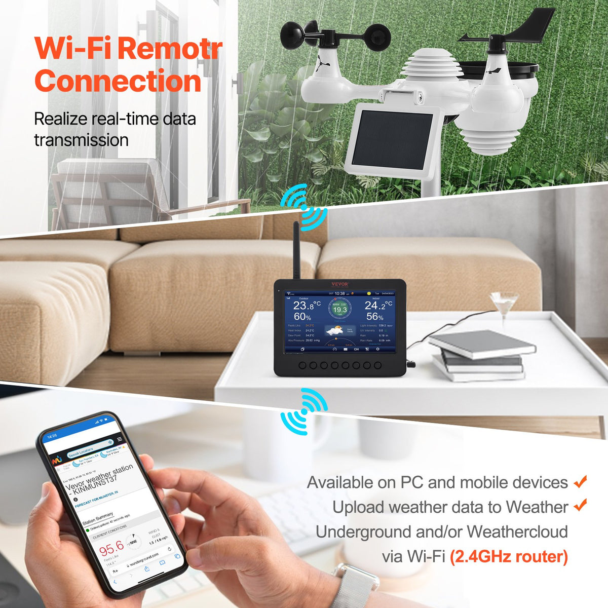 7-in-1 Wi-Fi Weather Station 177.8 mm TFT Display Wireless Outdoor Sensor