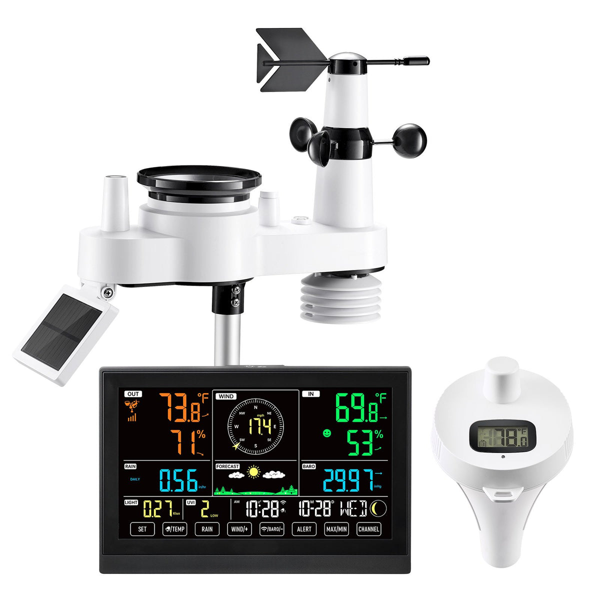 7-in-1 Wi-Fi Weather Station with APP, 190.5 mm Display, Wireless Solar Powered Outdoor Sensor, with Pool Thermometer, Rain Gauge, Indoor Outdoor for Weather Forecast Wind Speed Pool Temperature