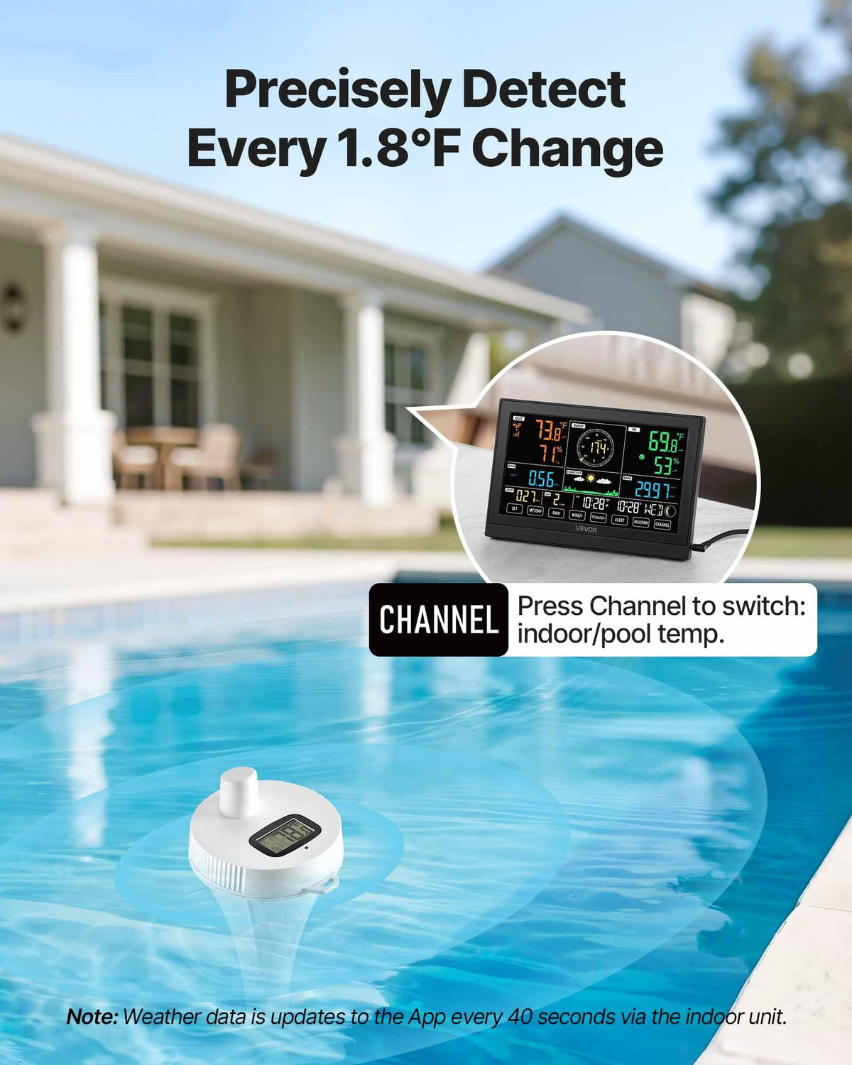 7-in-1 Wi-Fi Weather Station with APP, 190.5 mm Display, Wireless Solar Powered Outdoor Sensor, with Pool Thermometer, Rain Gauge, Indoor Outdoor for Weather Forecast Wind Speed Pool Temperature