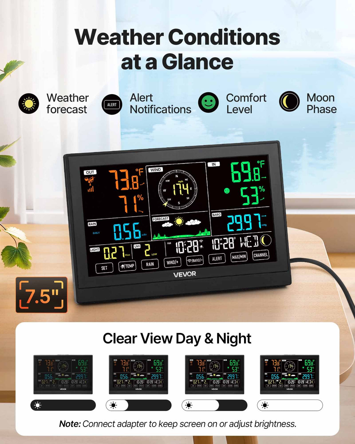 7-in-1 Wi-Fi Weather Station with APP, 190.5 mm Display, Wireless Solar Powered Outdoor Sensor, with Pool Thermometer, Rain Gauge, Indoor Outdoor for Weather Forecast Wind Speed Pool Temperature