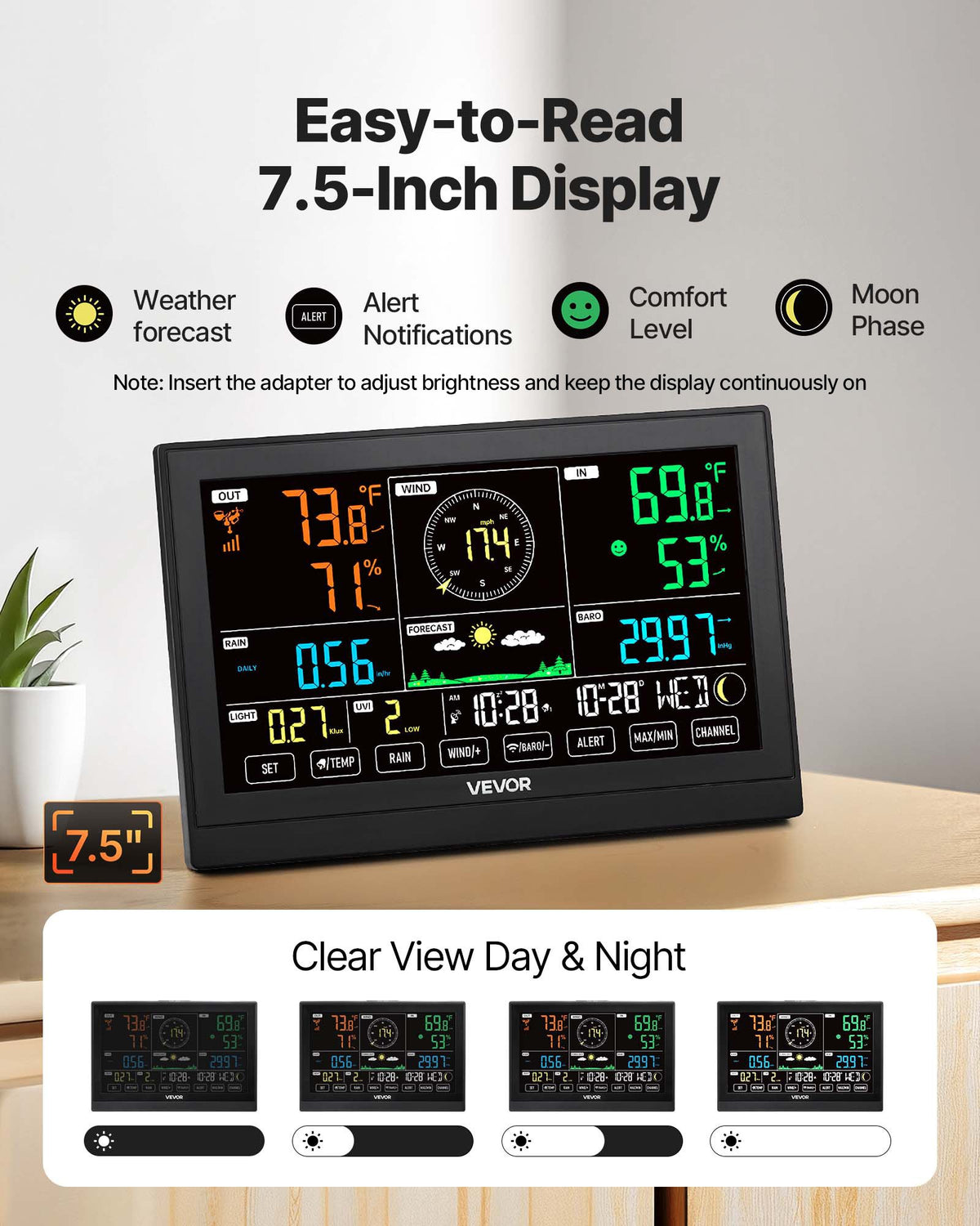 7-in-1 Wireless Weather Station, 190.5 mm VA Display, Solar Powered Outdoor Sensor, Rain Gauge, Indoor Outdoor for Weather Forecast, Temperature, Humidity, Wind Speed and Direction (No WiFi)