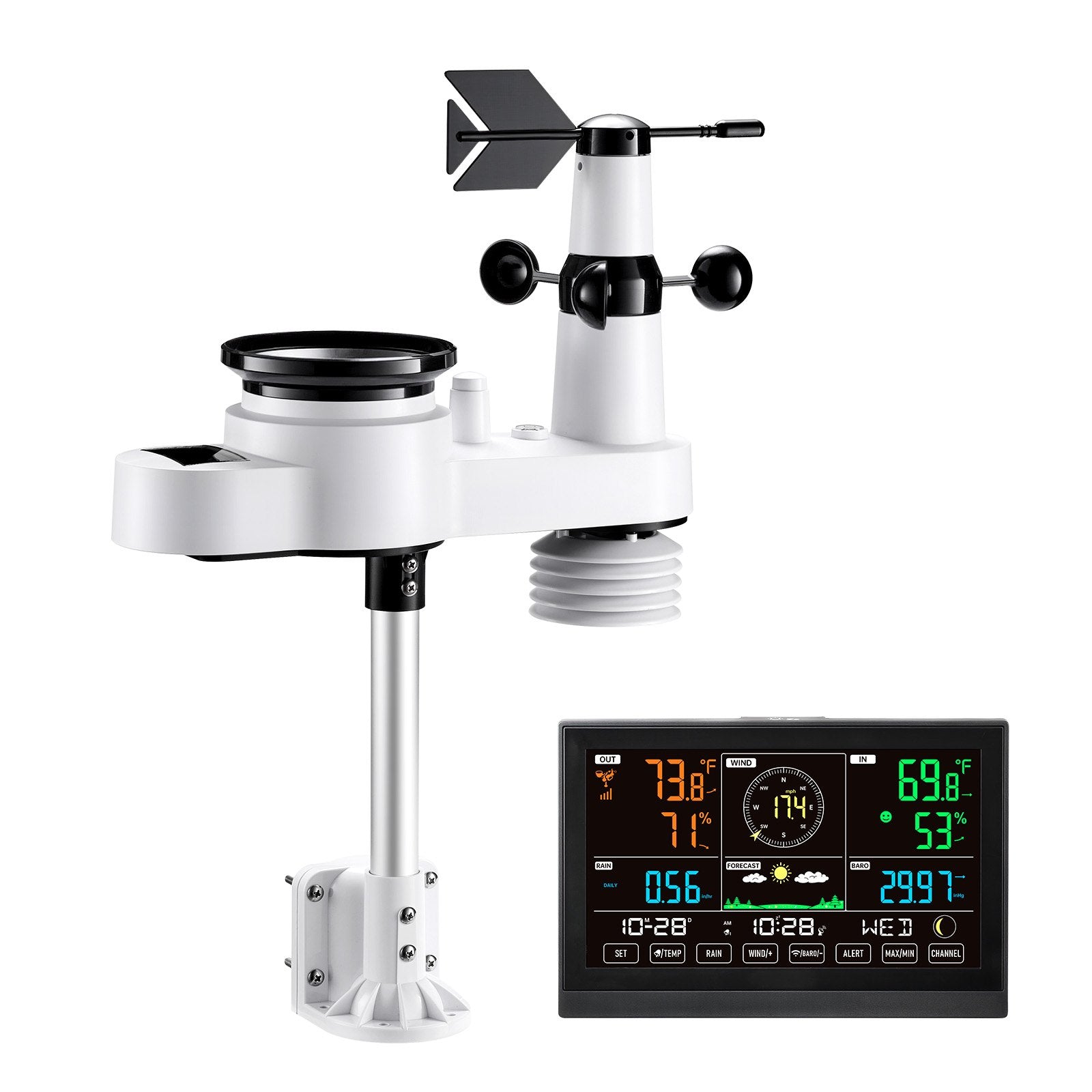 5-in-1 Wireless Weather Station, 190.5 mm VA Display, Solar Powered Outdoor Sensor, Rain Gauge, Indoor Outdoor for Weather Forecast, Temperature, Humidity, Wind Speed and Direction (No WiFi)