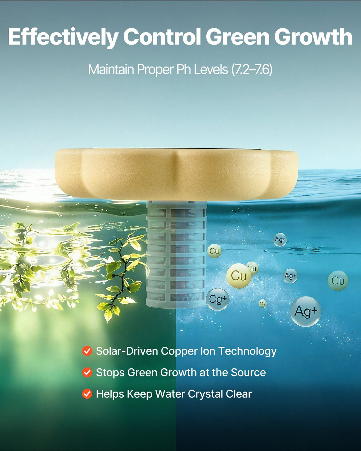 Solar Pool Ionizer, Petal Copper Pool Ionizer Up to 170343 L, Floating Automatic Water Cleaner and Purifier, Chlorine Free Water, with Copper Anode, Spring, Brush and Filter for Pools & Spas
