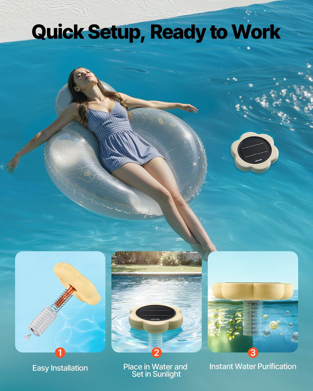 Solar Pool Ionizer, Petal Copper Pool Ionizer Up to 170343 L, Floating Automatic Water Cleaner and Purifier, Chlorine Free Water, with Copper Anode, Spring, Brush and Filter for Pools & Spas