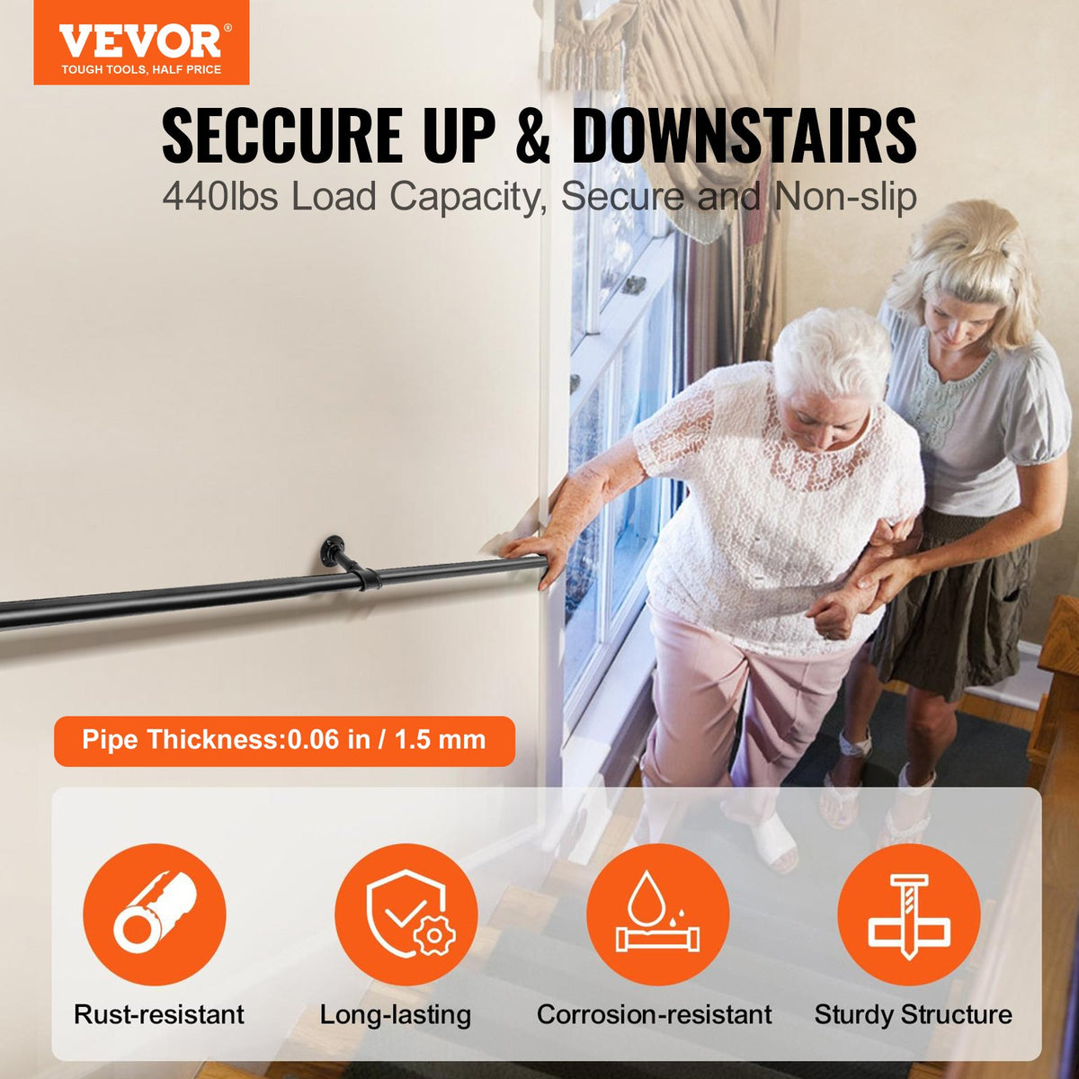 Pipe Stair Handrail, 1.8m Staircase Handrail, 200KG Load Capacity Carbon Steel Pipe Handrail, Industrial Pipe Handrail with Wall Mount Support, Round Corner Wall Handrailings for Indoor, Outdoor