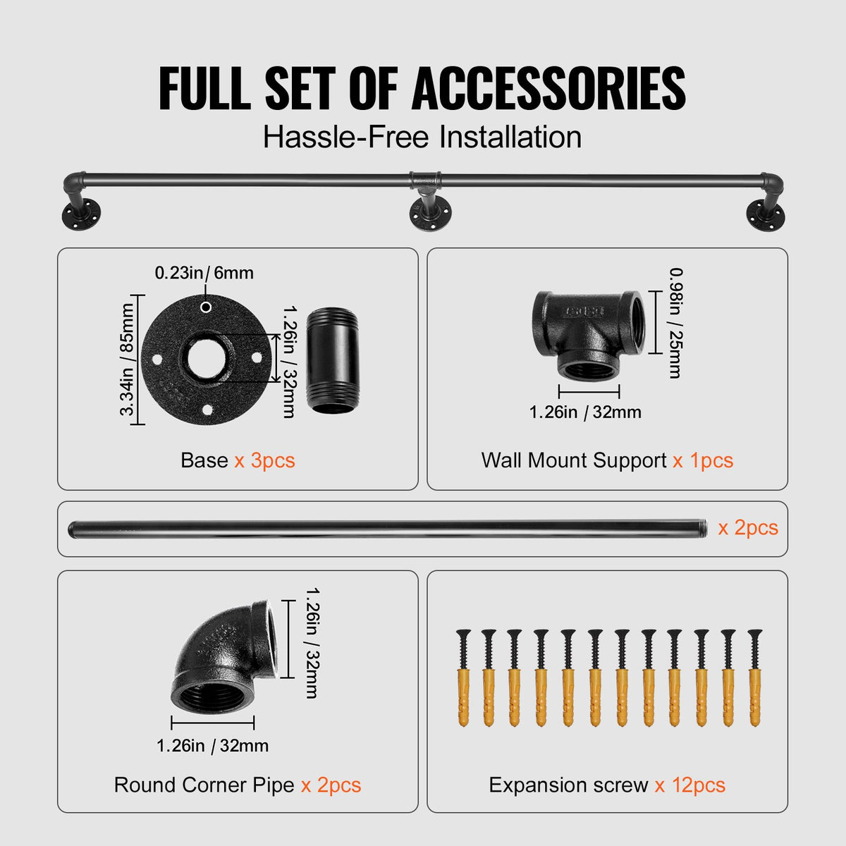 Pipe Stair Handrail, 1.8m Staircase Handrail, 200KG Load Capacity Carbon Steel Pipe Handrail, Industrial Pipe Handrail with Wall Mount Support, Round Corner Wall Handrailings for Indoor, Outdoor