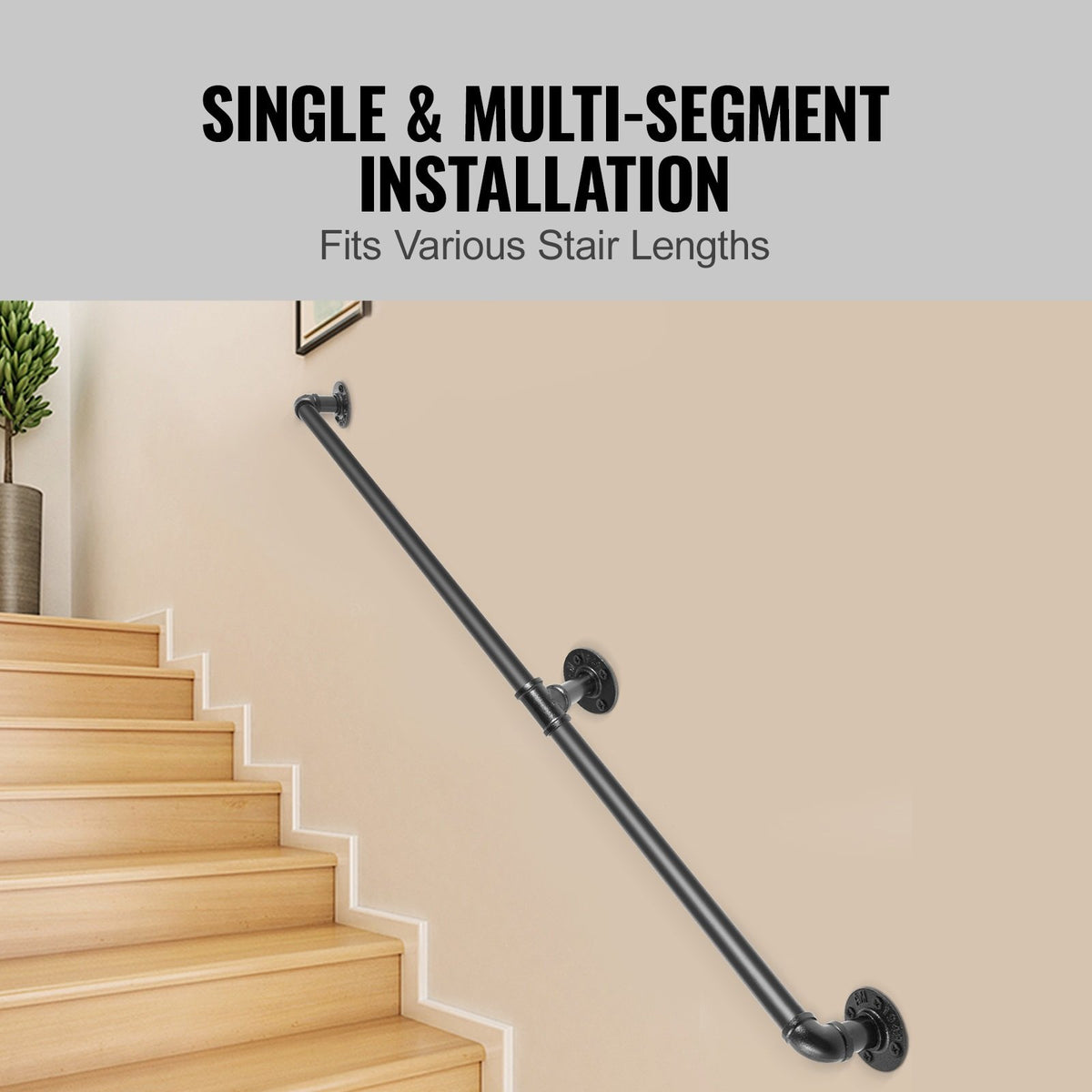 Pipe Stair Handrail, 1.8m Staircase Handrail, 200KG Load Capacity Carbon Steel Pipe Handrail, Industrial Pipe Handrail with Wall Mount Support, Round Corner Wall Handrailings for Indoor, Outdoor