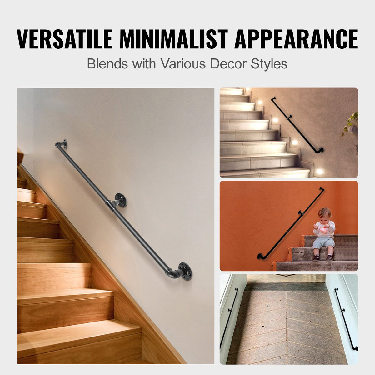 Pipe Stair Handrail, 1.8m Staircase Handrail, 200KG Load Capacity Carbon Steel Pipe Handrail, Industrial Pipe Handrail with Wall Mount Support, Round Corner Wall Handrailings for Indoor, Outdoor