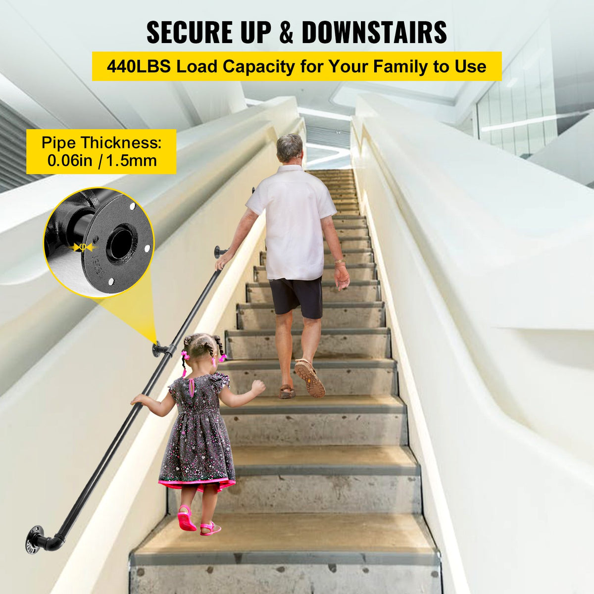 Pipe Stair Handrail, 9FT Staircase Handrail, 440LBS Load Capacity Carbon Steel Pipe Handrail, Industrial Pipe Handrail with Wall Mount Support, Round Corner Wall Handrailings for Indoor, Outdoor