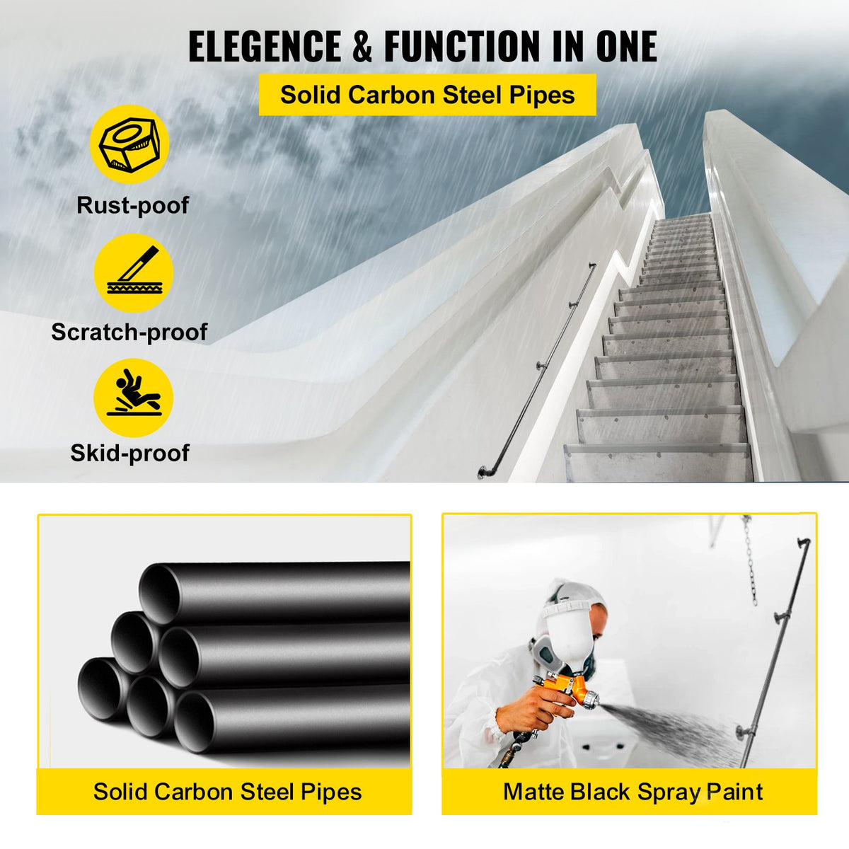 Pipe Stair Handrail, 9FT Staircase Handrail, 440LBS Load Capacity Carbon Steel Pipe Handrail, Industrial Pipe Handrail with Wall Mount Support, Round Corner Wall Handrailings for Indoor, Outdoor