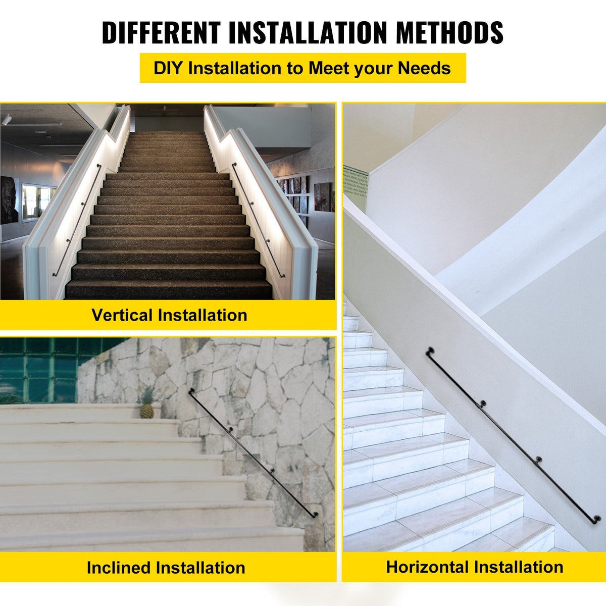 Pipe Stair Handrail, 9FT Staircase Handrail, 440LBS Load Capacity Carbon Steel Pipe Handrail, Industrial Pipe Handrail with Wall Mount Support, Round Corner Wall Handrailings for Indoor, Outdoor