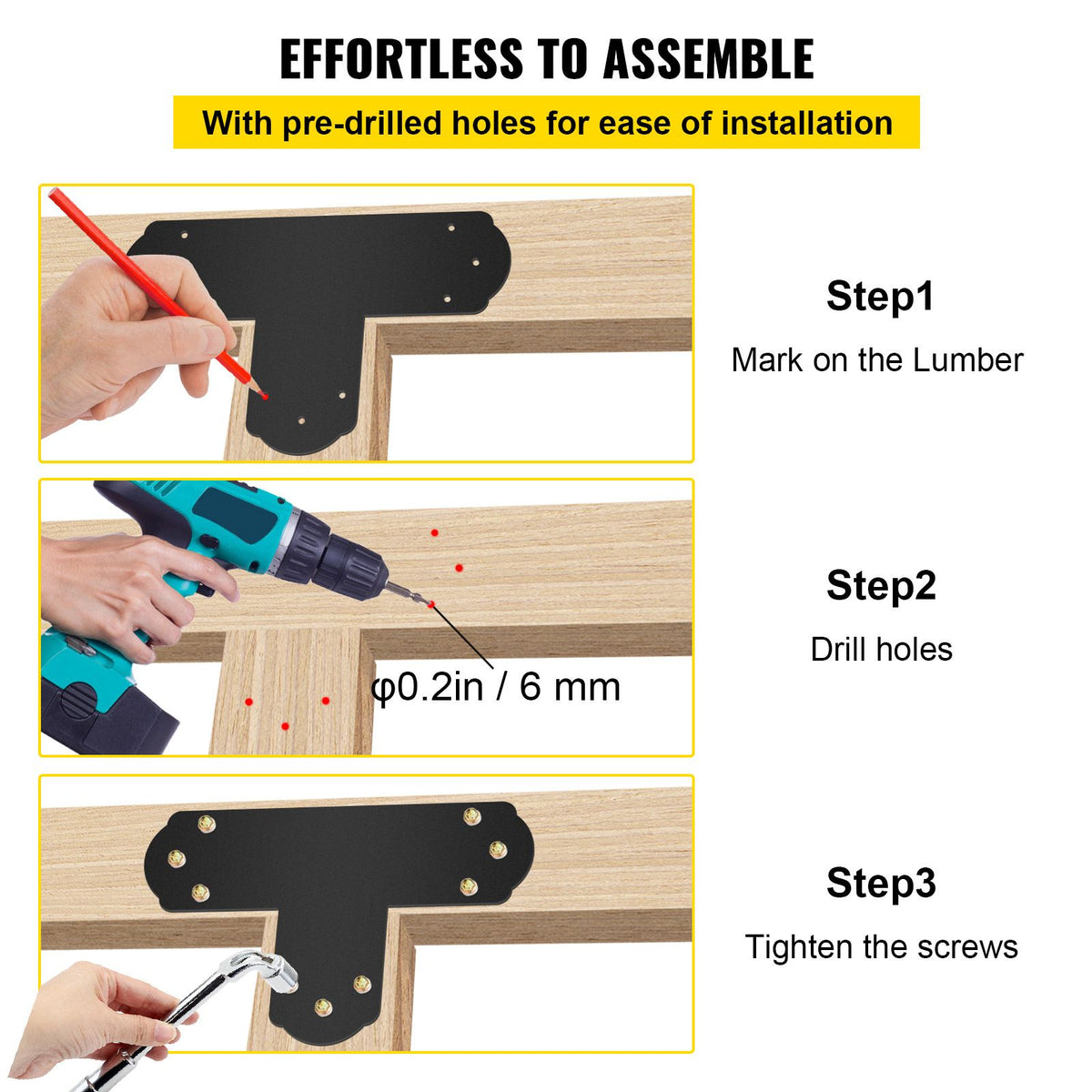 Black T Mending Plate T-shape 8 PCs 6" Flat Connector Post to Beam Bracket
